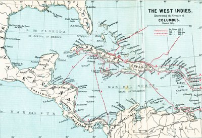 Map of the West Indies illustrating the voyages of Christopher Columbus, from Life of Christopher Columbus by Clements R. Markham, published 1892 by English School